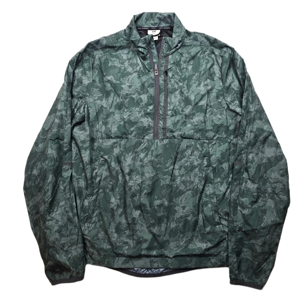H&M Sport Running Pullover Jacket Mens Small‎ Green Camo Quarter Zip